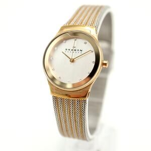 Skagen Womens Two Tone Diamond Slim 26mm Watch Steel Mesh Strap w New Battery
